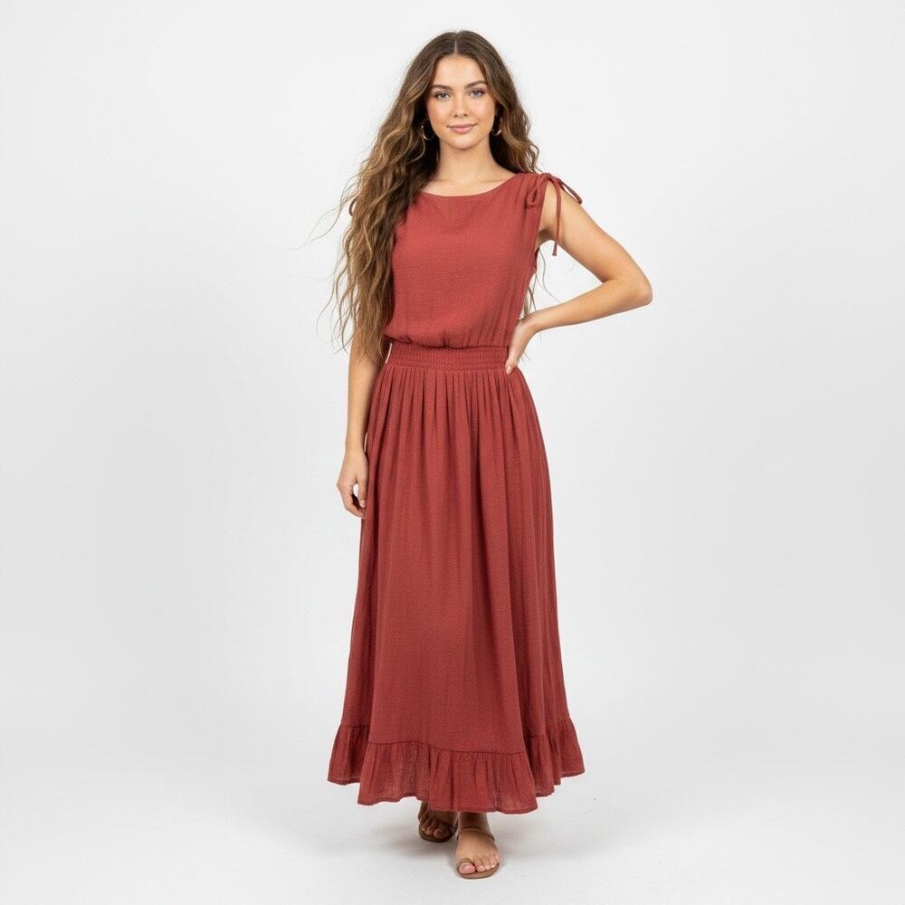Mia Joy Joyfolie Boho Maxi Dress Large  Brick Red Lagenlook Flowy Cottagecore